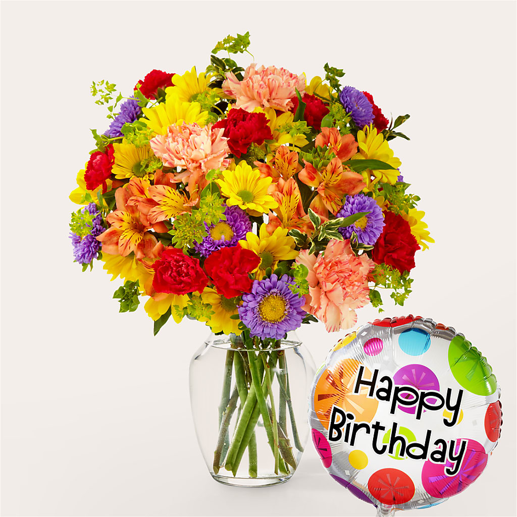 Kaleidoscope Bouquet with Birthday Balloon – OBIE'S FLOWERS, Pemberville OH