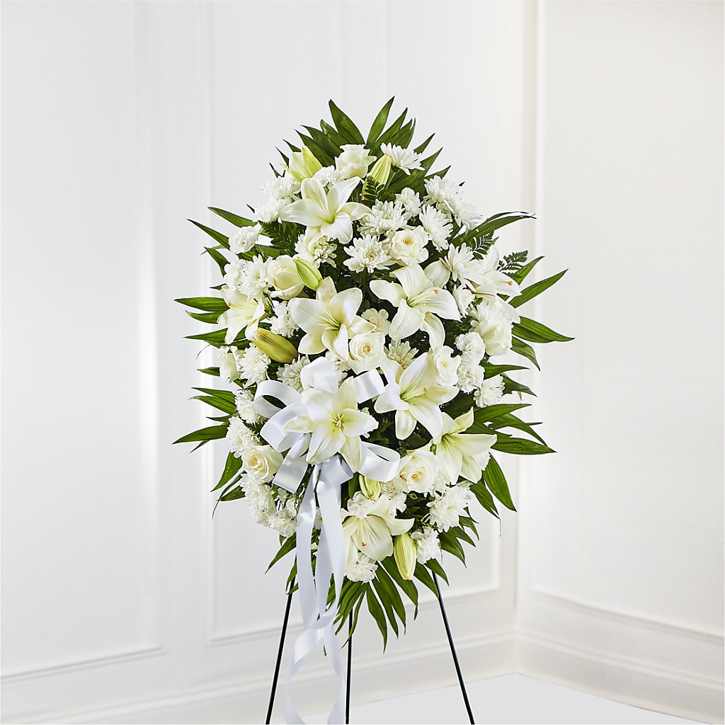 Exquisite Tribute Standing Spray-White Ribbon – OBIE'S FLOWERS, Pemberville OH